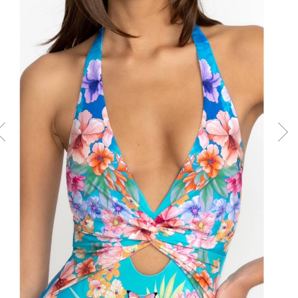 NWOT JOHNNY WAS FLORAL BUTTERFLY KEYHOLE HALTER TIE ONE-PIECE SWIM TROPICAL XS - Picture 3 of 10
